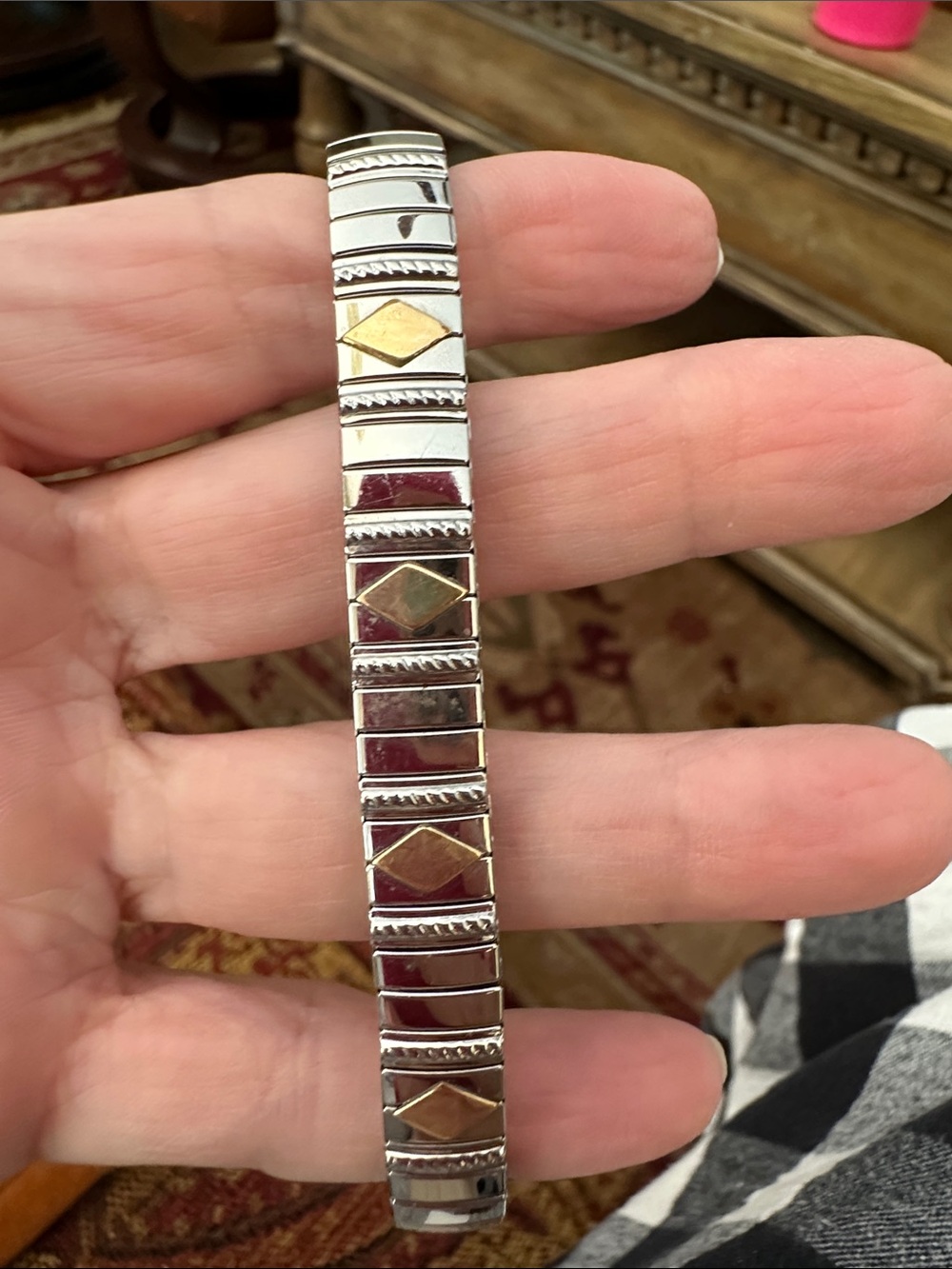 Two-Tone Silver and 14 it Gold Stretch Bracelet - Women Jewelry - Picture 2 of 6